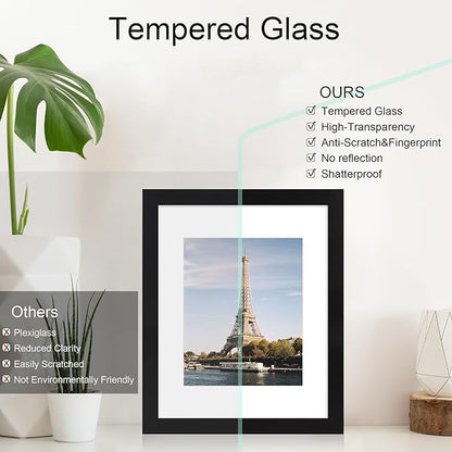 iRahmen 11x14 Picture Frame with HD Tempered Glass, Display Pictures 8x10 with Mat or 11 x 14 Without Mat, Wood Photo Frames for Tabletop and Wall Mount (Black, 1 Pack)