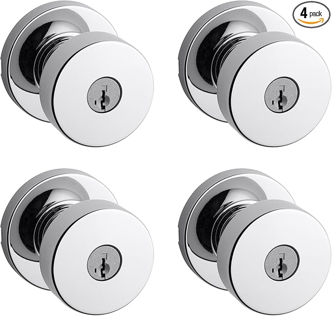 Kwikset Pismo Entry Door Knob with Lock and Key, Secure Keyed Handle Exterior, Front Entrance and Bedroom, Polished Chrome, 4 Pack, Pick Resistant SmartKey Rekey Security
