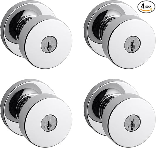 Kwikset Pismo Entry Door Knob with Lock and Key, Secure Keyed Handle Exterior, Front Entrance and Bedroom, Polished Chrome, 4 Pack, Pick Resistant SmartKey Rekey Security