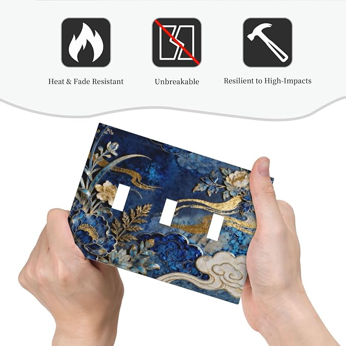 Decorative Light Switch Cover Plate Blue White Flower Gold Line Cloud 3 Gang Wall Plates for Electrical Outlets Triple Toggle Switch Plate Covers Outlet Covers Faceplate for Home Decor