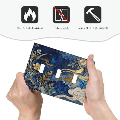 Decorative Light Switch Cover Plate Blue White Flower Gold Line Cloud 3 Gang Wall Plates for Electrical Outlets Triple Toggle Switch Plate Covers Outlet Covers Faceplate for Home Decor