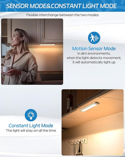 HIBOITEC Led Under Cabinet Lighting Motion Sensor Under Counter Light with 1000mah Rechargeable Battery, 30 LEDs Wireless Cabinet Lighting for Kitchen, Drawer, Warm White 2Pack