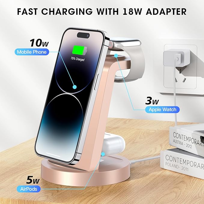 3 in 1 Charging Station for iPhone, Wireless Charger for iPhone 17 16e 16 15 14 13 12 11 X Pro Max & Apple Watch - Charging Stand Dock for AirPods (Rose)