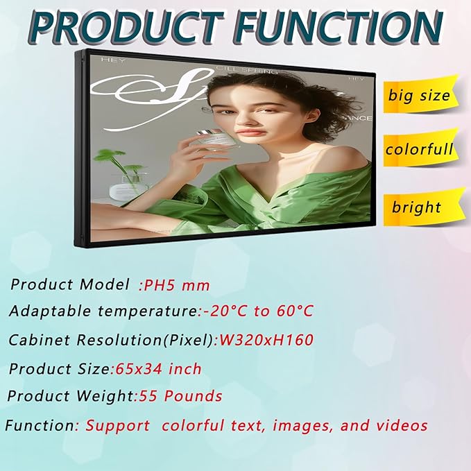 P5 Programmable Outdoor LED Business Sign 65"x34" P5 IP65 Waterproof, WiFi USB Control for Scrolling Text Image Video Advertising Display