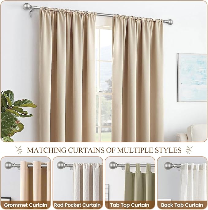 KAMANINA Long Curtain Rods for Windows 72 to 144 Inches, Silver Curtain Rod 32 to 144 Inches (2.6-12ft), 7/8 Inch Decorative Drapery Rods with Round Finials