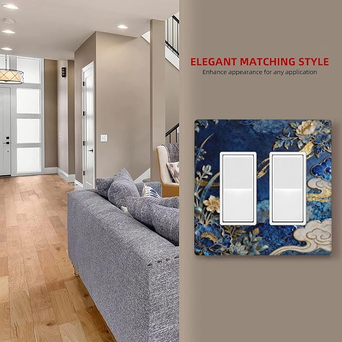 Decorative Outlet Covers Blue White Flower Gold Line Cloud 2 Gang Light Switch Cover Plate Double Rocker Wall Plates for Electrical Outlets Switch Plate Covers for Bedroom Home Decor