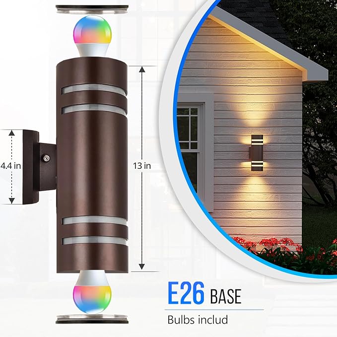 RGB Outdoor Wall Lights, Modern Color Changing Outdoor Wall Sconce, Cylinder Up and Down Bronze Porch Lights Fixture, Compatible with Smart Life & Google Alexa,for Garage,Yard,Front Door