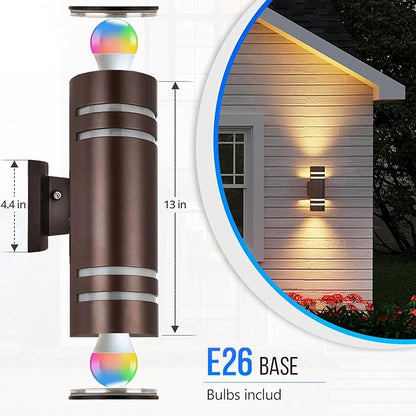 RGB Outdoor Wall Lights, Modern Color Changing Outdoor Wall Sconce, Cylinder Up and Down Bronze Porch Lights Fixture, Compatible with Smart Life & Google Alexa,for Garage,Yard,Front Door