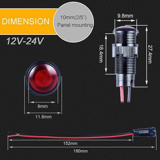 5pcs 10mm LED Indicator Light Plastic Black Signal Dot Lamp 12V-24V 2/5" Mounting Hole Size with 15cm/5.9in. Wire (Mix:Red White Yellow Blue Green)