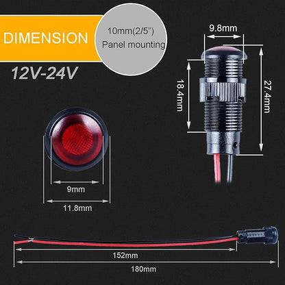 5pcs 10mm LED Indicator Light Plastic Black Signal Dot Lamp 12V-24V 2/5" Mounting Hole Size with 15cm/5.9in. Wire (Mix:Red White Yellow Blue Green)