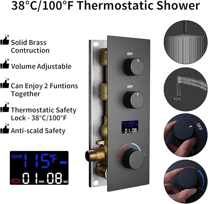 2 Way Shower Diverter Valve Brass 2 Functions Digital Temperature Display Thermostatic Shower Mixing Valve Kit 3 Handle Flow Cotrol Valve, Can Run Simultaneously Matte Black