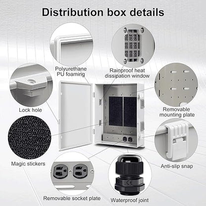 Outdoor Electrical Junction Box with High Power Outlet, ABS Water Resistant Enclosure with Internal Mounting Panel & Hinged Cover. (18.1" H* 12.6" L* 6.3" W & Outlet)