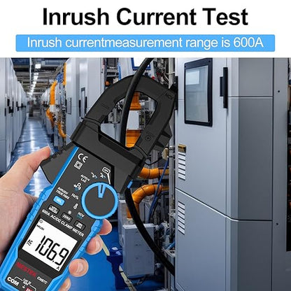 Digital Inrush Clamp Meter Multimeter, MESTEK T-RMS 6000 Counts 600A Current Amp Volt Meter with VFD,LOZ Mode; Measures NCV AC/DC Current Voltage Temperature Resistance Capacitance Continuity