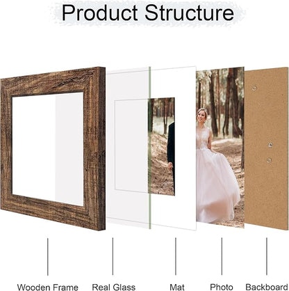 iRahmen 6x6 Picture Frame Set of 4 with Real Glass, Rustic Frames Display 4x4 Picture with Mat or 6 x 6 Without Mat, Wood Square Photo Frame for Wall Mount and Tabletop Display
