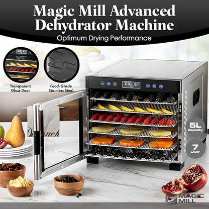 Magic Mill Pro Food Dehydrator Machine | 7 XL Stainless Steel Trays | Dryer for Jerky, Dog Treats, Herb, Meat, Beef, Fruit | Keep Warm Function, Digital Timer and Temperature Control, ETL Approved