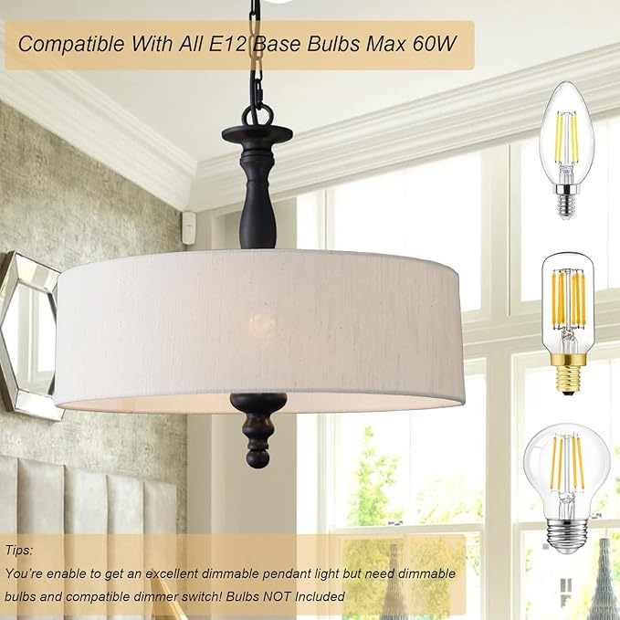 4 Light Drum Chandeliers, Beige Linen Drum Pendant Lighting Fixture with Black Metal Rod Adjustable Hanging Chain Ceiling Lights for Kitchen Island Dining Table Entryway Dia 17.3inch