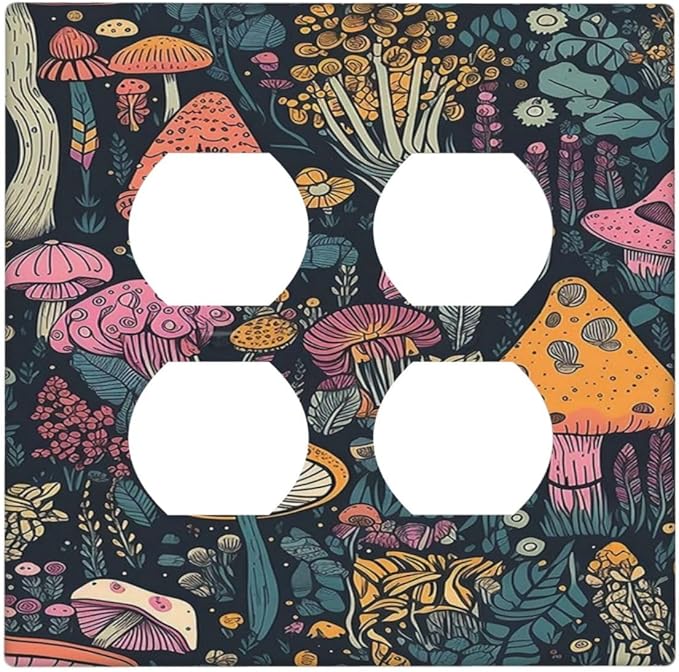 Decorative Outlet Covers Cartoon Comics Colorful Mushrooms 2 Gang Wall Plate Cover Double Duplex Receptacle Two Switch Light Switch Cover Plate Jumbo Dual Faceplate for Home Decor