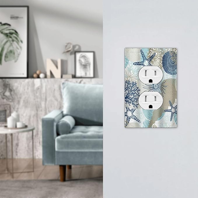 Decorative Outlet Covers Blue Starfish Brown Coral Ocean 1 Gang Duplex Light Switch Cover Plate Unique Wall Plates for Electrical Outlets Switch Plate Covers for Girlroom Home Decor