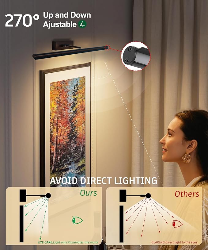Battery Operated Picture Light with Wireless Remote 3CCT Dimmable Gold Wall Art Lights for Paintings 3 Color Rechargeable cordless decor Gallery Light 16’‘ Artwork Lighting for Canvas Timer Function