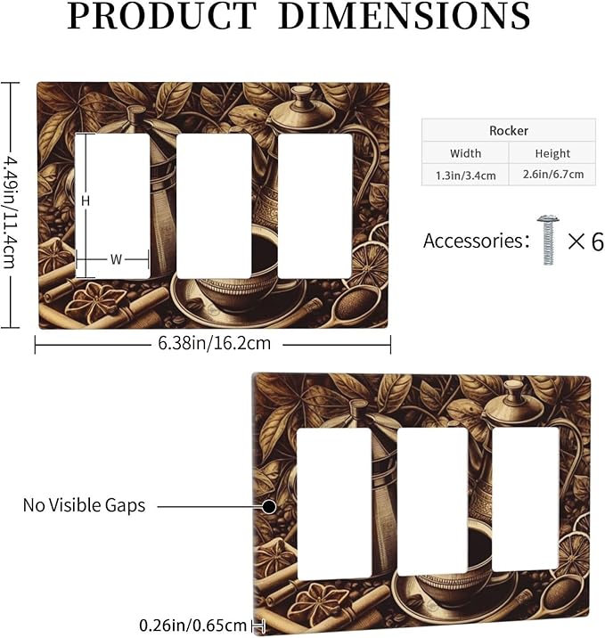 Decorative Outlet Covers Vintage Coffee Beans Leaf Cup 3 Gang Wall Plate Triple Rocker Light Switch Cover Plate Jumbo Electrical GFCI Faceplate for Kitchen Home Decor