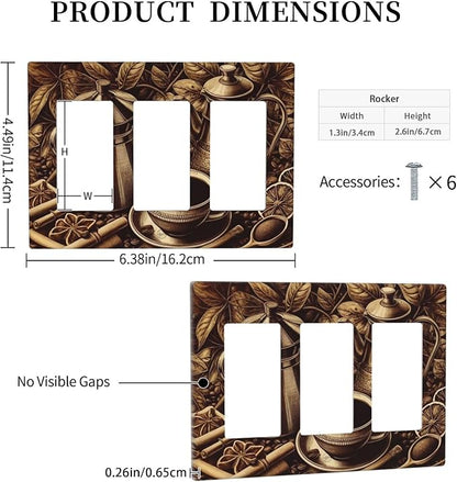 Decorative Outlet Covers Vintage Coffee Beans Leaf Cup 3 Gang Wall Plate Triple Rocker Light Switch Cover Plate Jumbo Electrical GFCI Faceplate for Kitchen Home Decor