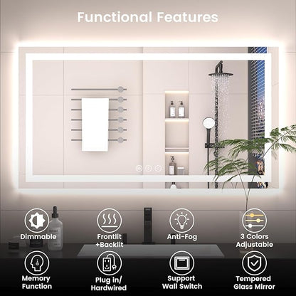 60X36 LED Bathroom Mirror with Lights, Anti-Fog, Backlit + Front Lit, Lighted Bathroom Vanity Mirror for Wall, Memory Function, Dimmable, Tempered Glass, Shatter-Proof