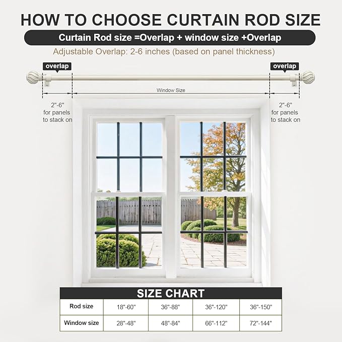 White Long Curtain Rods for Windows 72 to 144 Inch 7/8" Diamete Heavy Duty Adjustable Window Curtain Rod with Decorative Finials for Farmhouse Bedroom Living Room Kitchen Outdoor