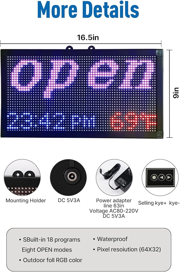 16.5x9 Inch Weatherproof LED Open Closed Sign with Remote Control, Digital Clock & Temperature Display - Customizable Business Hours Sign for Stores, Restaurants, Retail Shops