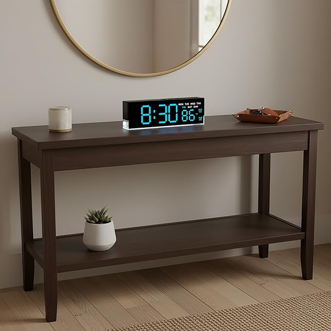 zyzamay 7 Inch Modern LED Digital Alarm Clock with Dual Alarms & Soft Bottom Light｜Displays Time, Date, Day, Temperature｜3-Level Auto/Manual Brightness, DST, USB or Battery Powered Desk Clock,Blue