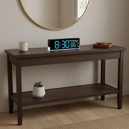 zyzamay 7 Inch Modern LED Digital Alarm Clock with Dual Alarms & Soft Bottom Light｜Displays Time, Date, Day, Temperature｜3-Level Auto/Manual Brightness, DST, USB or Battery Powered Desk Clock,Blue