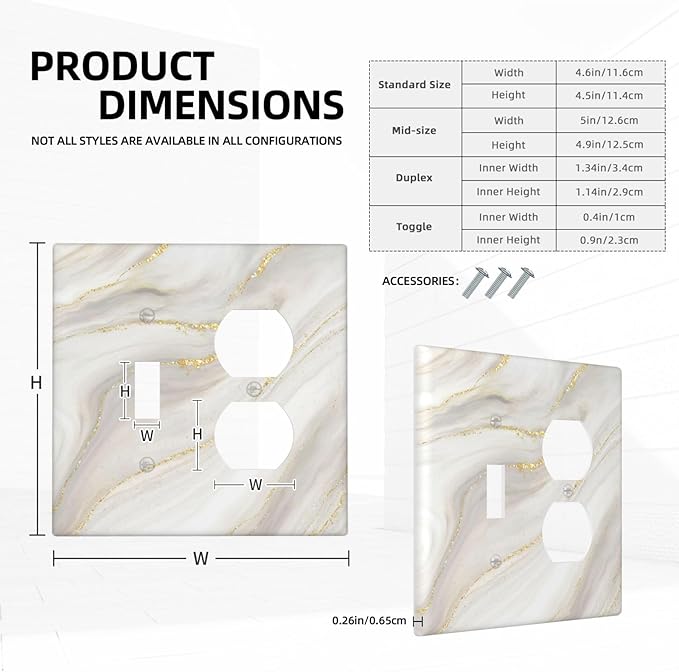 White Grey Gold Marble Simple Tiles Wallplates 1 Toggle 1 Duplex Switch Plate Electrical GFCI Faceplate Decorative Light Switch Covers for Bathroom Kitchen Decor