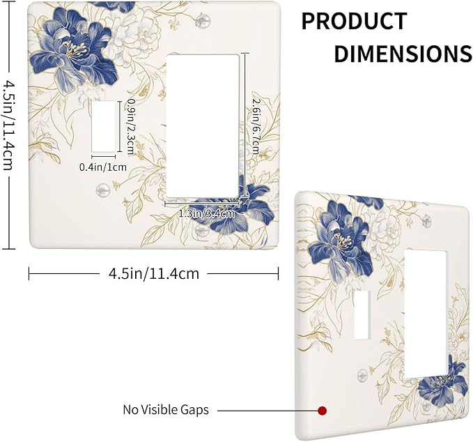 Decorative Outlet Covers Rustic Blue Flower Floral Gold Leaf 2 Gang Light Switch Cover Plate Single Toggle 1 Rocker Wall Plates for Electrical Outlets Switch Plate Covers for Home Decor