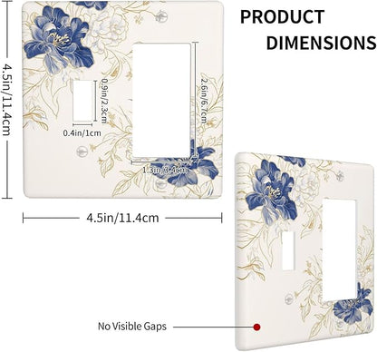 Decorative Outlet Covers Rustic Blue Flower Floral Gold Leaf 2 Gang Light Switch Cover Plate Single Toggle 1 Rocker Wall Plates for Electrical Outlets Switch Plate Covers for Home Decor