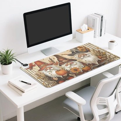 Heated Desk Pad Mouse Pad 31.5x13 Inch PU Leather Desk Mat with 3 Heat Levels Large Mouse Gaming Computer Laptop Mat Gnomes Maple Leaf