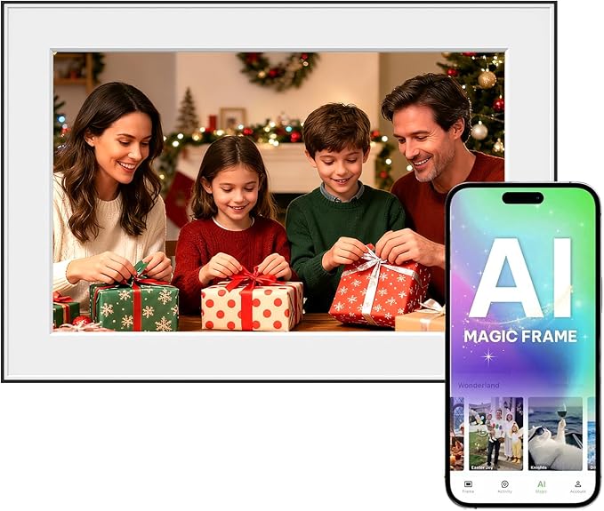 AI Magic Frame 10.1"-WiFi Digital Picture Frame with 64GB,1920 x 1200 IPS FHD TouchScreen,Motion Sensor,Dynamic AI Photo,Unlimited Cloud Storage, Gifts for Christmas/Birthday/Family/Home Decor