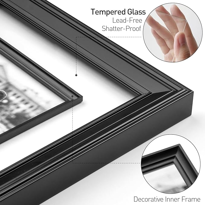 Yaetm 16x20 Black Picture Frame with Decorative Inner Frame & Tempered Glass, Display 11x14 Photos with Mat on Wall - Portrait or Landscape - Ideal for Office & Home Décor (Black, 2 Pack)