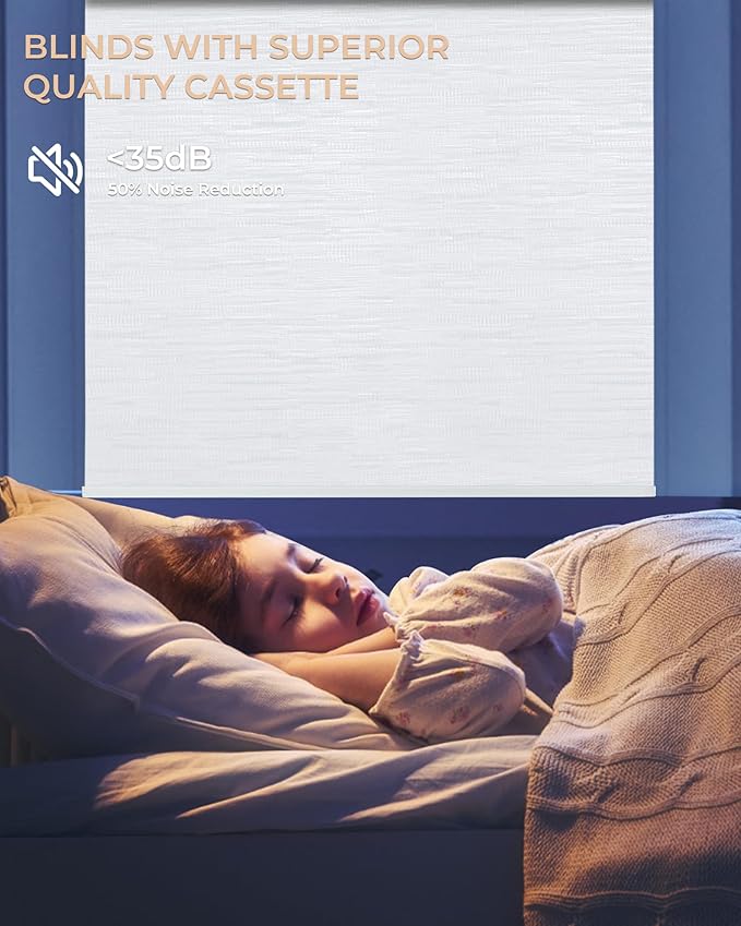 Motorized Roller Shade with Remote Control, 100% Blackout Electric 21-98” Width Blinds for Windows with Via Hub Alexa Google Home, Rechargeable Smart Automatic Customized Size（Texture-White）