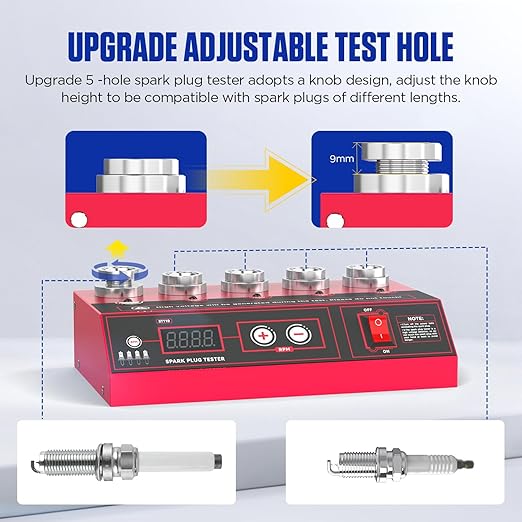 Spark Plug Tester Upgraded 5-Hole Spark Plug Tester Tool with Adjustable Frequency & Hole Height 200-9000rpm Car Engine Ignition Coil Tester Diagnostic Tool for 12V Gasoline Vehicles