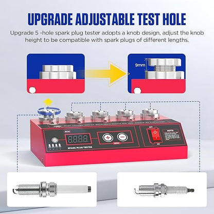 Spark Plug Tester Upgraded 5-Hole Spark Plug Tester Tool with Adjustable Frequency & Hole Height 200-9000rpm Car Engine Ignition Coil Tester Diagnostic Tool for 12V Gasoline Vehicles