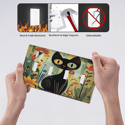 Funny Cat Retro Abstract Flowers Kitten Light Switch Covers Quad Toggle Electrical Faceplate 4 Gang Wall Plate Decorative Switch Plates For Kids Room Bed Room Decor