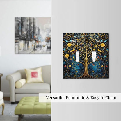 Gold Tree With Birds Flowers on Branches Light Switch Covers Double Toggle 2 Gang Wall Plate Dual Decorative Switchplate Electrical Faceplate for Farmhouse Decor