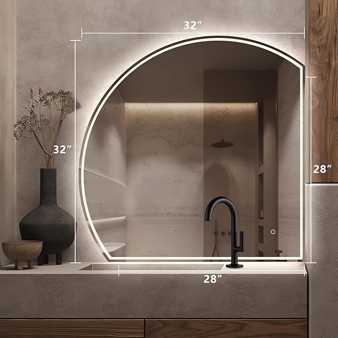 Niccy Half Moon Led Mirror for Bathroom, 32" Semi Round Backlit Mirror for Wall Lighted Mirror with Frameless 3 Color, Defogger, Explosion-Proof, HD Glass and IP65 Vanity Mirror