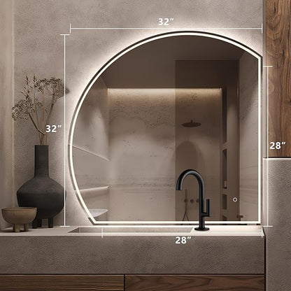 Niccy Half Moon Led Mirror for Bathroom, 32" Semi Round Backlit Mirror for Wall Lighted Mirror with Frameless 3 Color, Defogger, Explosion-Proof, HD Glass and IP65 Vanity Mirror