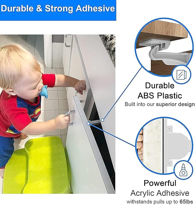 2 Pack Upgraded Invisible Baby Proofing Cabinet Latch Locks – No Drilling or Tools Needed, Fits Most Cabinets & Drawers, Works with Countertop Overhangs, Strong Adhesive for Easy & Secure Installation