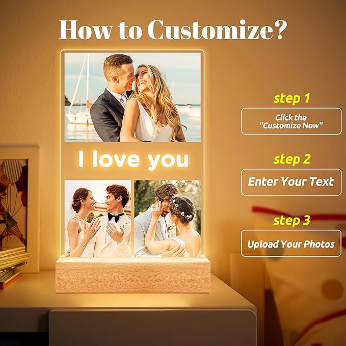 Custom Picture Frames with Photo, Personalized Photo Frame with Night Light, Customized Gifts for Girlfriend Boyfriend, Personalized Anniversary Valentines Day Gifts for Women Men Her Him Couple