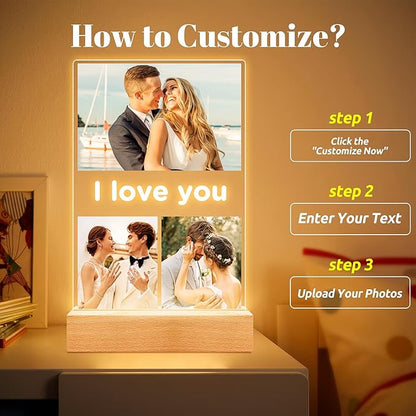Custom Picture Frames with Photo, Personalized Photo Frame with Night Light, Customized Gifts for Girlfriend Boyfriend, Personalized Anniversary Valentines Day Gifts for Women Men Her Him Couple