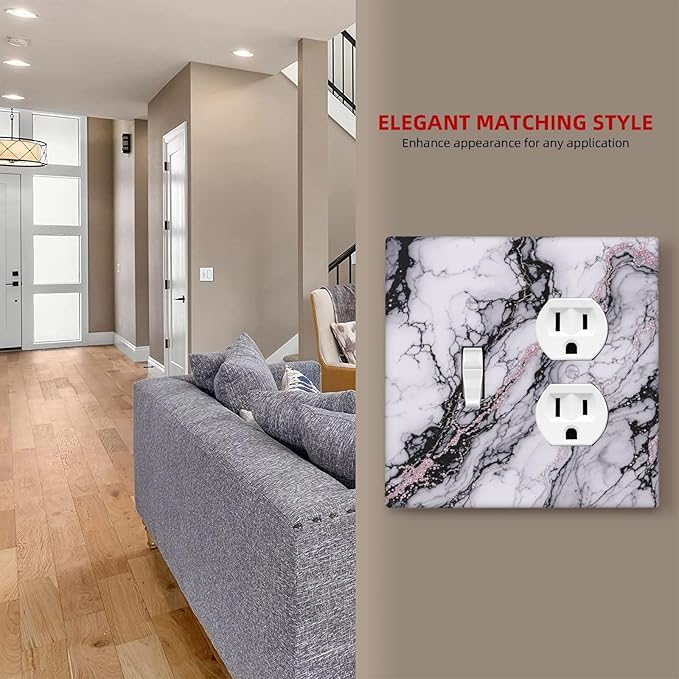 Wallplates White Marble Pattern Black Lines Pink Lines 1 Toggle 1 Duplex Switch Plate Electrical GFCI Faceplate Decorative Light Switch Covers for living Room Office Decor