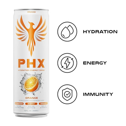 PHX Hydration Energy Drink - 700mg Electrolytes, 200mg Natural Green Tea Caffeine, 100% Daily Value 8 Essential Vitamins - 12 oz Cans (12 Pack) (12 Pack, Orange)