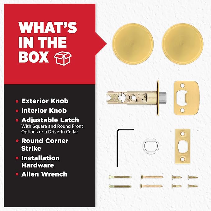Kwikset Pismo Interior Passage Door Knob, Handle for Closet and Hallway Doors, Non-Locking Doorknob, Satin Brass, Round, Microban Protection