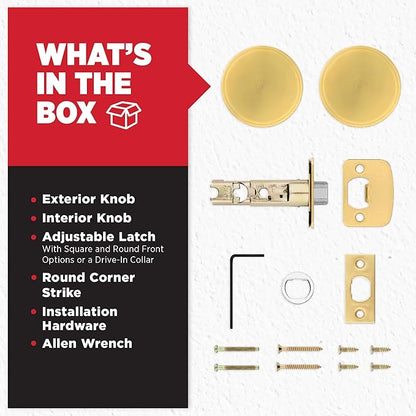 Kwikset Pismo Interior Passage Door Knob, Handle for Closet and Hallway Doors, Non-Locking Doorknob, Satin Brass, Round, Microban Protection
